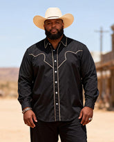 Big & Tall Men's Western Black Bottom Rice White Decorative Line Printed Long Sleeve Shirt Pants Set